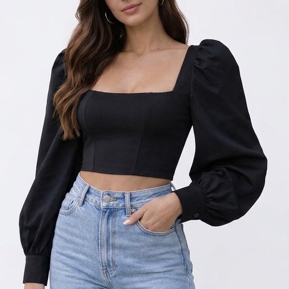 naked wardrobe Tops - Naked Wardrobe Womens Black Puff Sleeve Square Neck Crop Top Size M